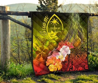 Guam Premium Quilt - Humpback Whale with Tropical Flowers (Yellow)