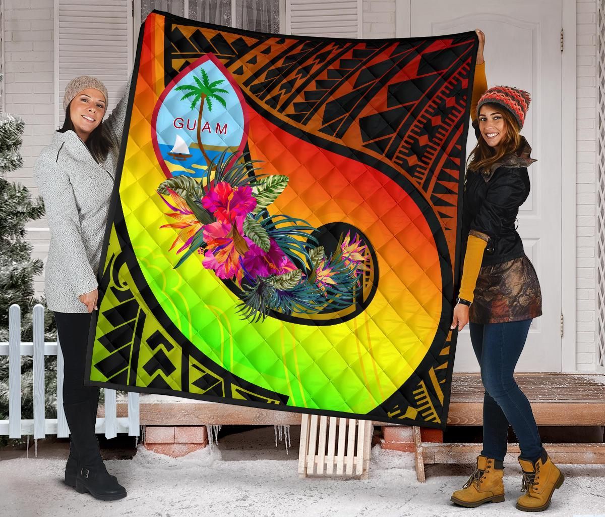 Guam Premium Quilt - Polynesian Hook And Hibiscus (Reggae)