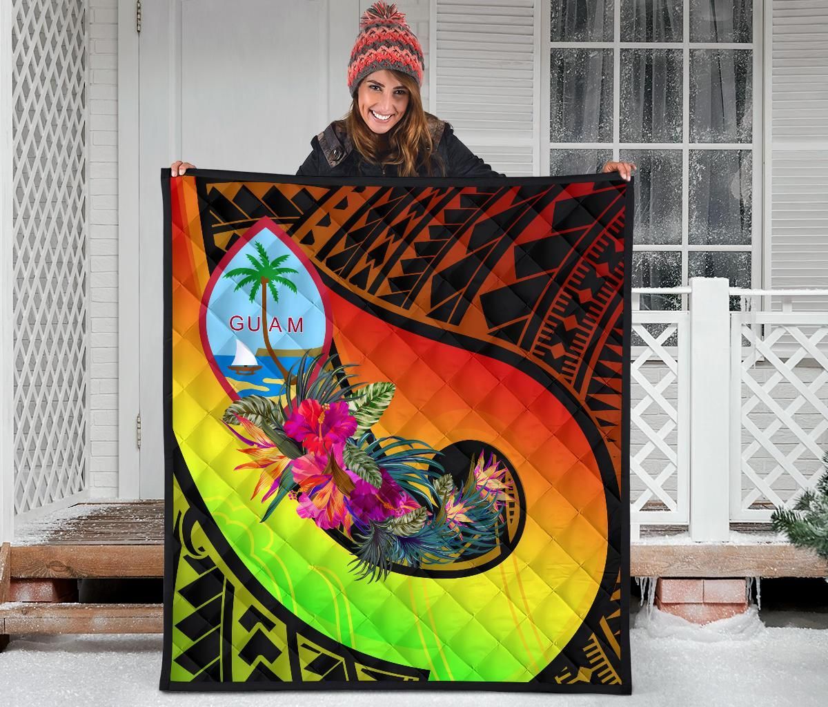 Guam Premium Quilt - Polynesian Hook And Hibiscus (Reggae)