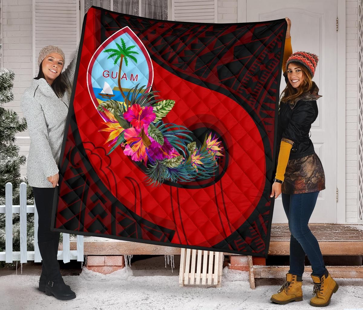 Guam Premium Quilt - Polynesian Hook And Hibiscus (Red)