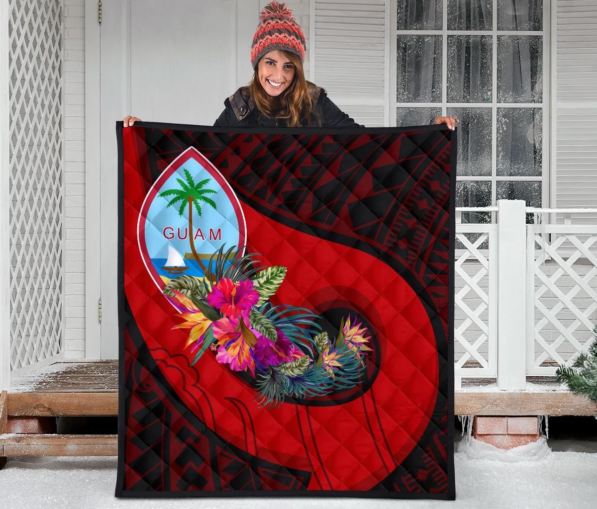 Guam Premium Quilt - Polynesian Hook And Hibiscus (Red)