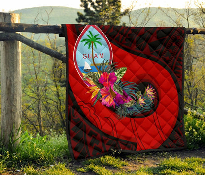 Guam Premium Quilt - Polynesian Hook And Hibiscus (Red)