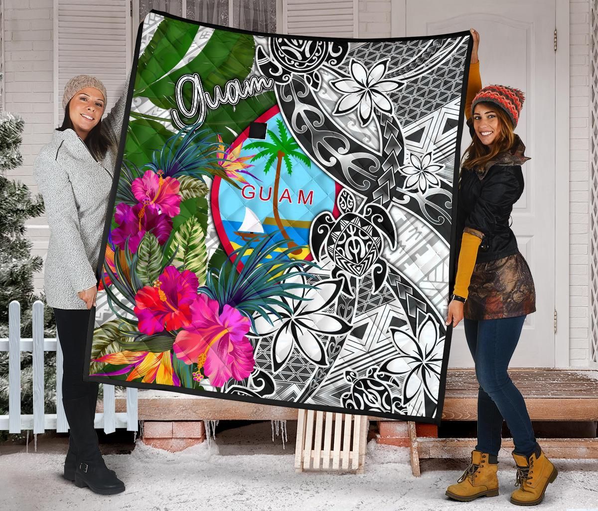 Guam Premium Quilt White - Turtle Plumeria Banana Leaf