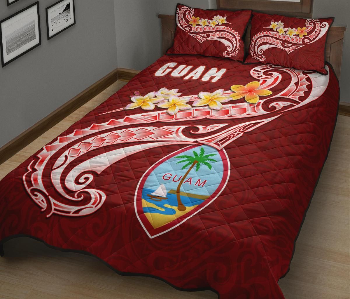 Guam Quilt Bed Set - Guam Seal Polynesian Patterns Plumeria (Red)