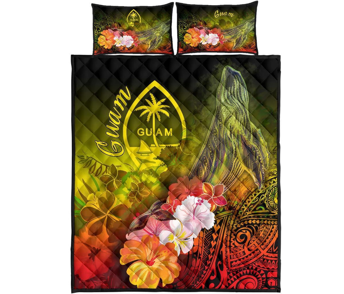 Guam Quilt Bed Set - Humpback Whale with Tropical Flowers (Yellow)