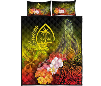 Guam Quilt Bed Set - Humpback Whale with Tropical Flowers (Yellow)