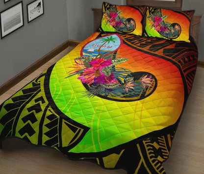 Guam Quilt Bed Set - Polynesian Hook And Hibiscus (Reggae)