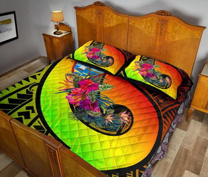 Guam Quilt Bed Set - Polynesian Hook And Hibiscus (Reggae)