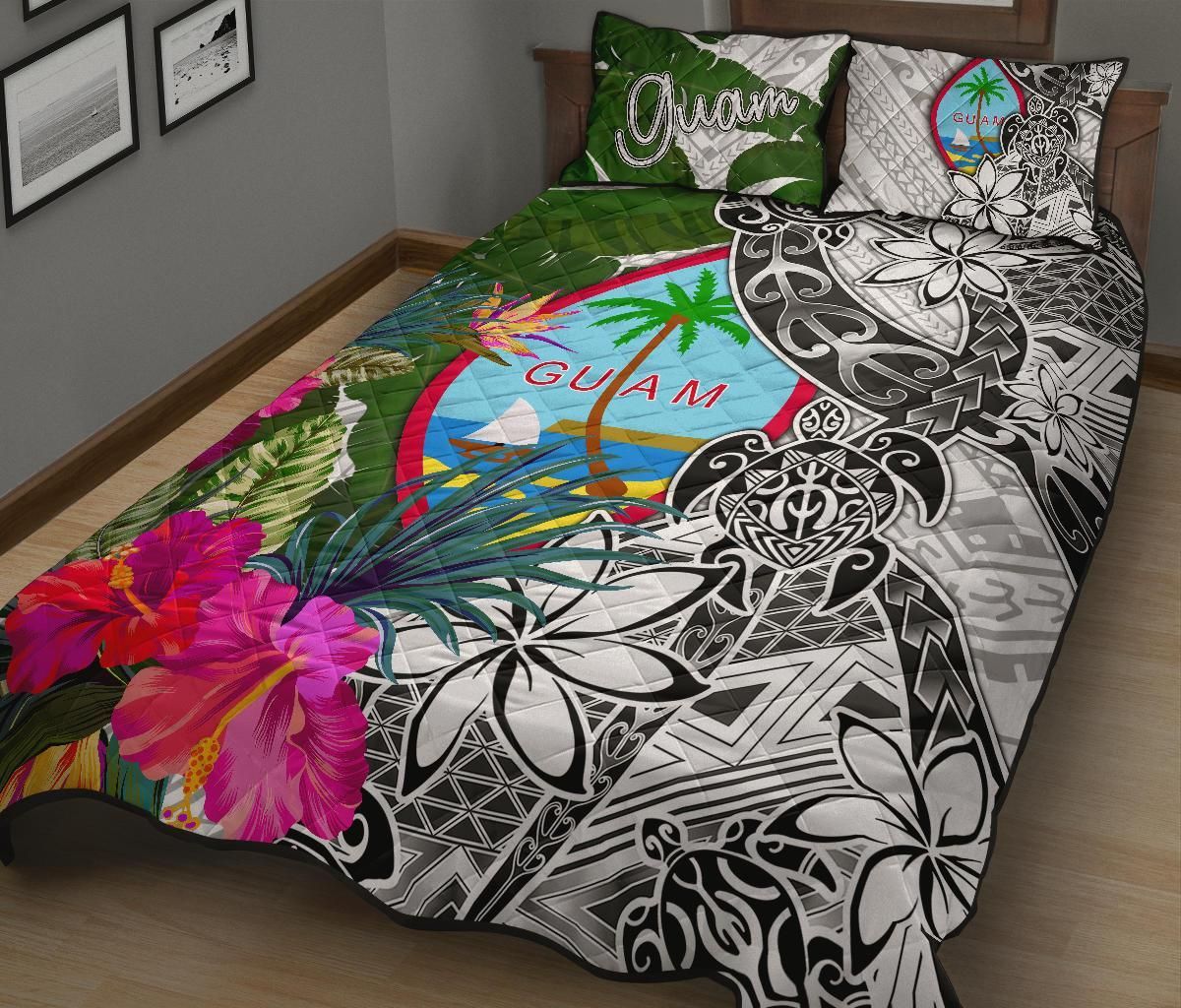 Guam Quilt Bed Set White - Turtle Plumeria Banana Leaf