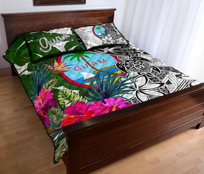 Guam Quilt Bed Set White - Turtle Plumeria Banana Leaf