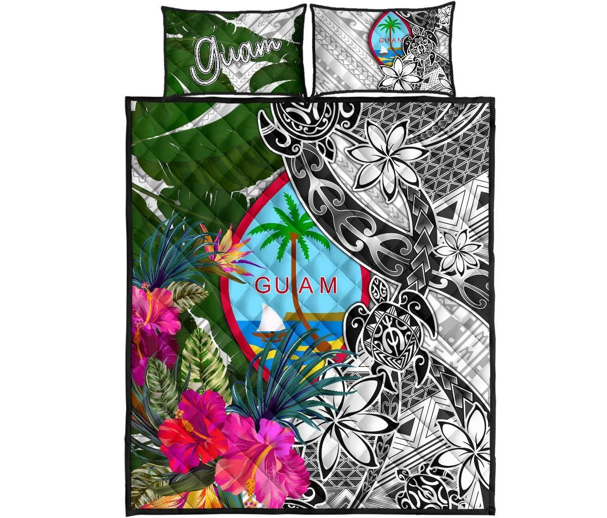 Guam Quilt Bed Set White - Turtle Plumeria Banana Leaf