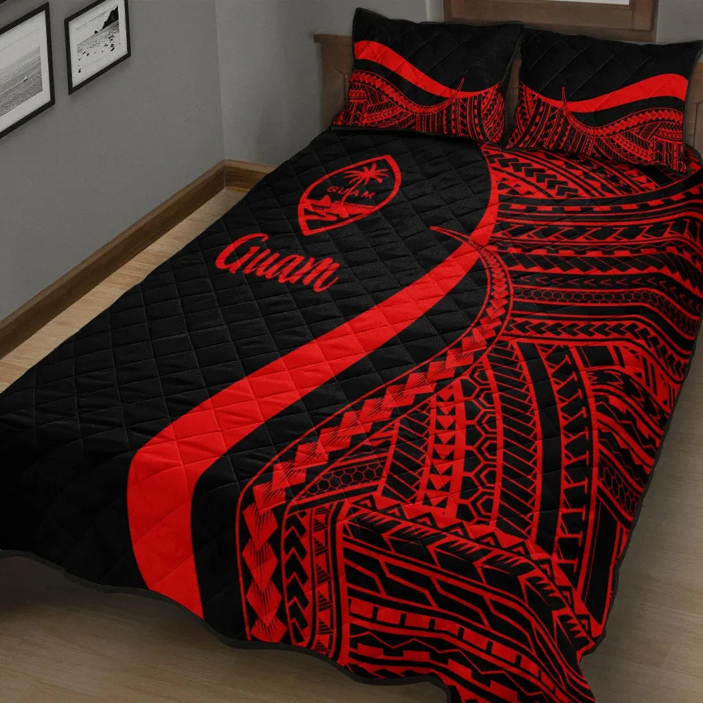 Guam Quilt Bed Set - Red Polynesian Tentacle Tribal Pattern