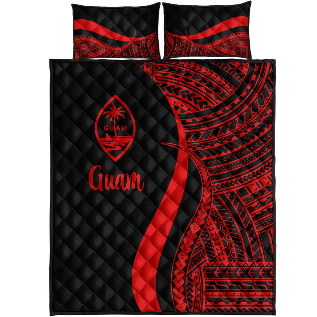 Guam Quilt Bed Set - Red Polynesian Tentacle Tribal Pattern