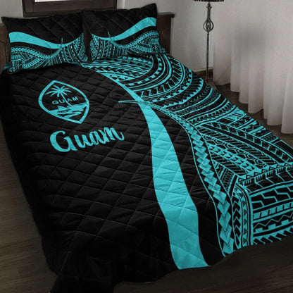 Guam Quilt Bed Set - Turquoise Polynesian Tentacle Tribal Pattern