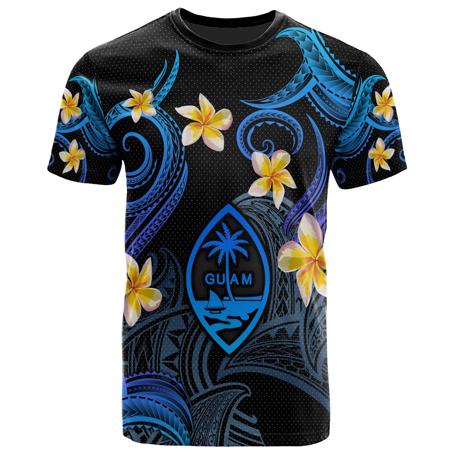 Guam T-shirt - Custom Personalised Polynesian Waves with Plumeria Flowers (Blue)