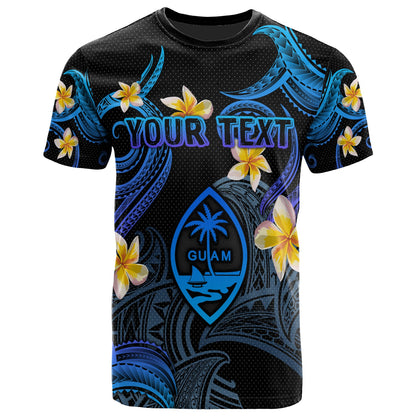 Guam T-shirt - Custom Personalised Polynesian Waves with Plumeria Flowers (Blue)