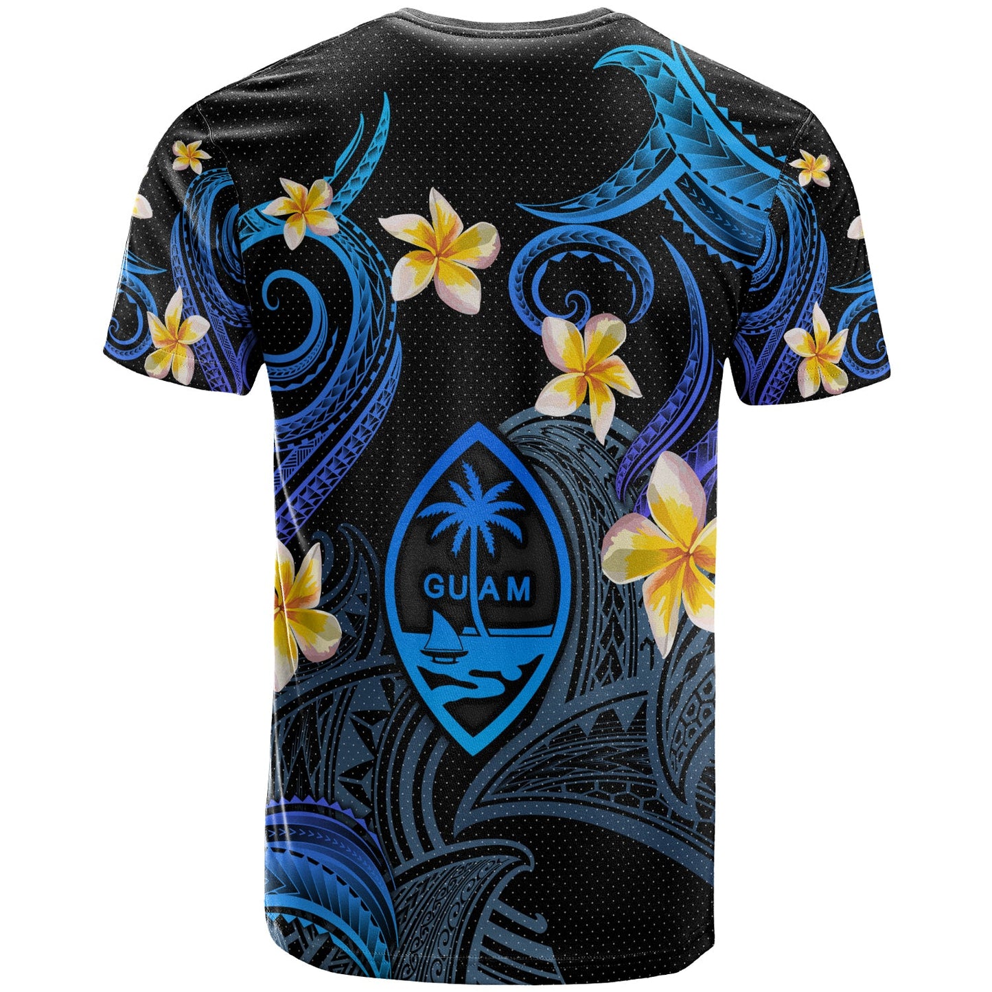 Guam T-shirt - Custom Personalised Polynesian Waves with Plumeria Flowers (Blue)