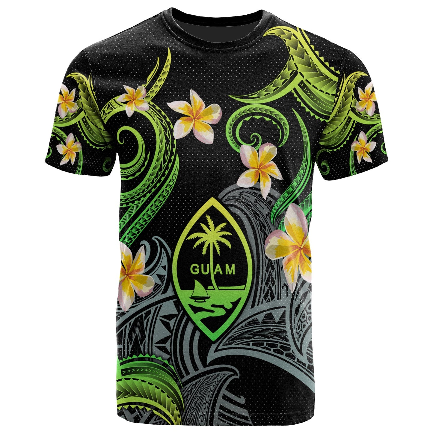 Guam T-shirt - Custom Personalised Polynesian Waves with Plumeria Flowers (Green)