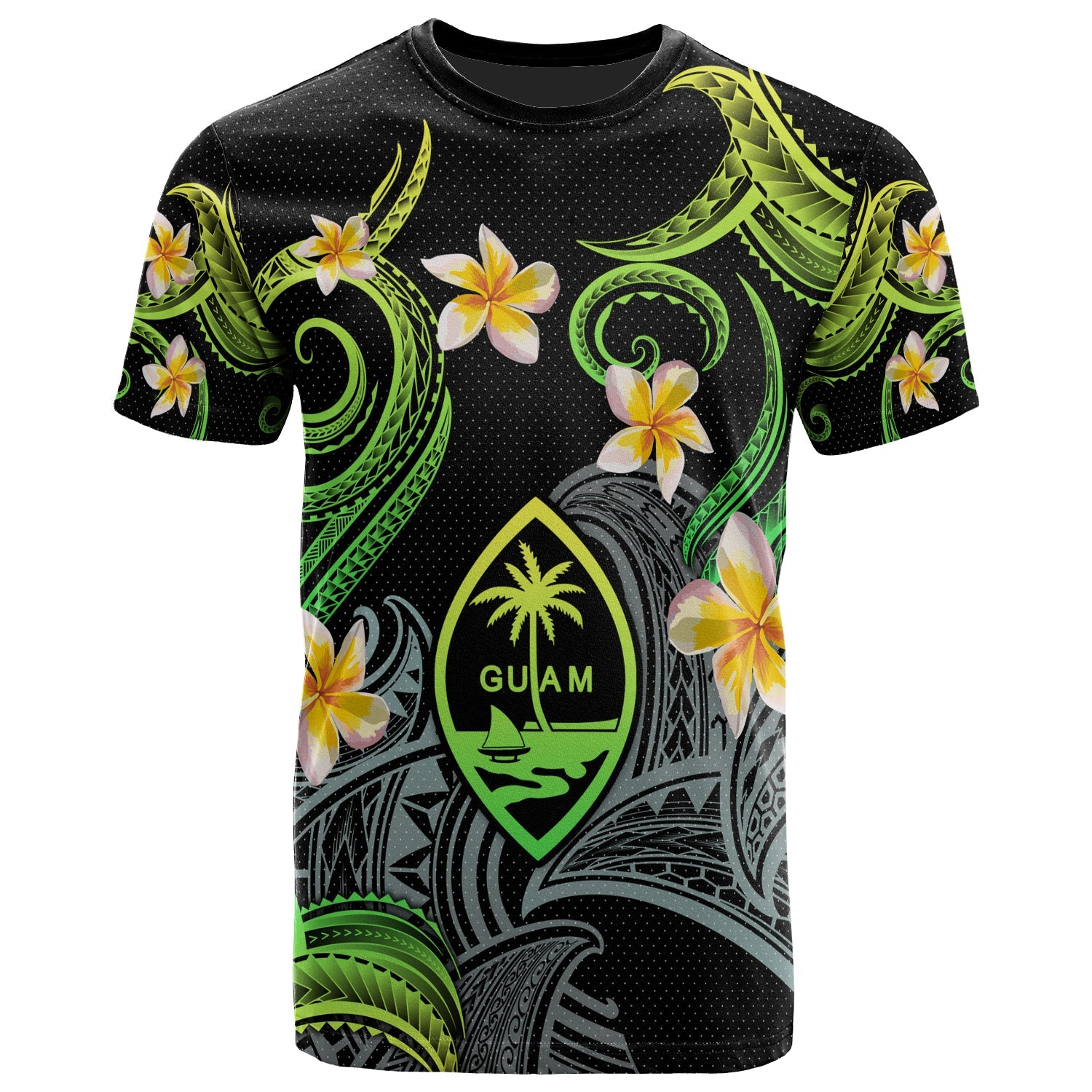 Guam T-shirt - Custom Personalised Polynesian Waves with Plumeria Flowers (Green)