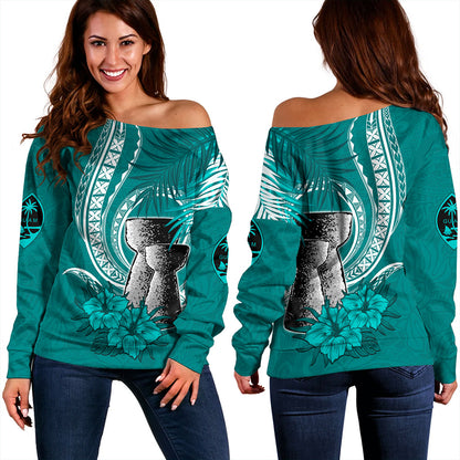 Guam Off Shoulder Sweatshirt Tribal Latte Stone Tropical Style