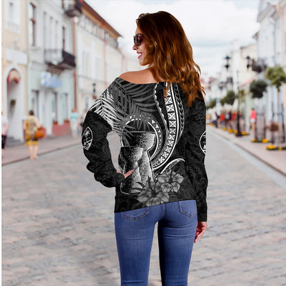 Guam Off Shoulder Sweatshirt Tribal Latte Stone Tropical Style