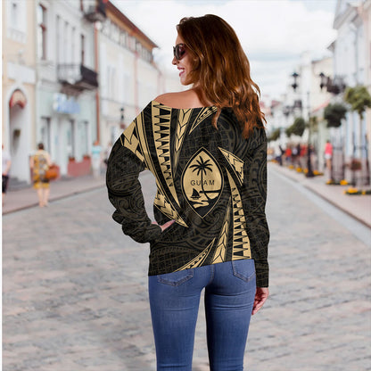 Guam Off Shoulder Sweatshirt Micronesian Tribal Wave