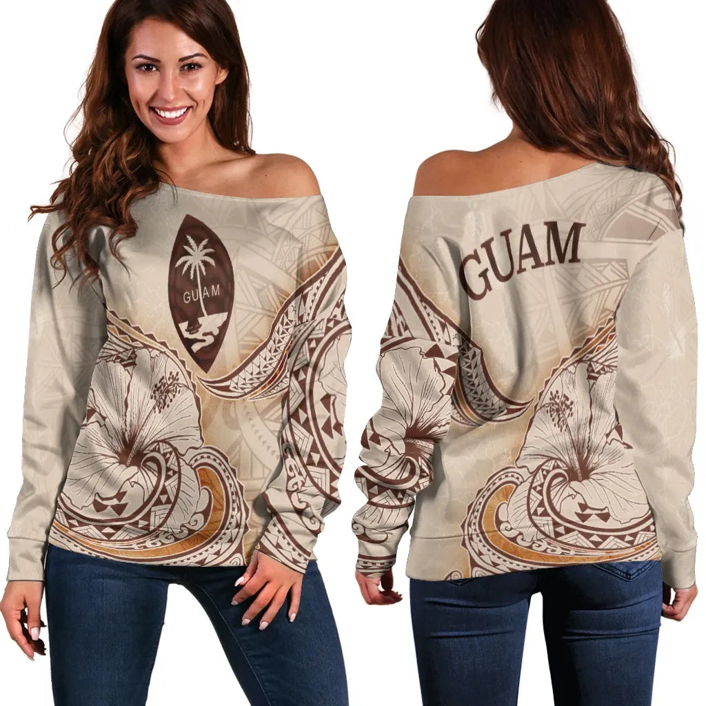Guam Women Off Shoulder Sweater - Hibiscus Flowers Vintage Style