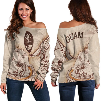 Guam Women Off Shoulder Sweater - Hibiscus Flowers Vintage Style
