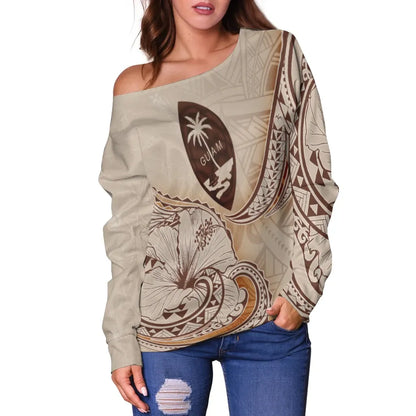 Guam Women Off Shoulder Sweater - Hibiscus Flowers Vintage Style