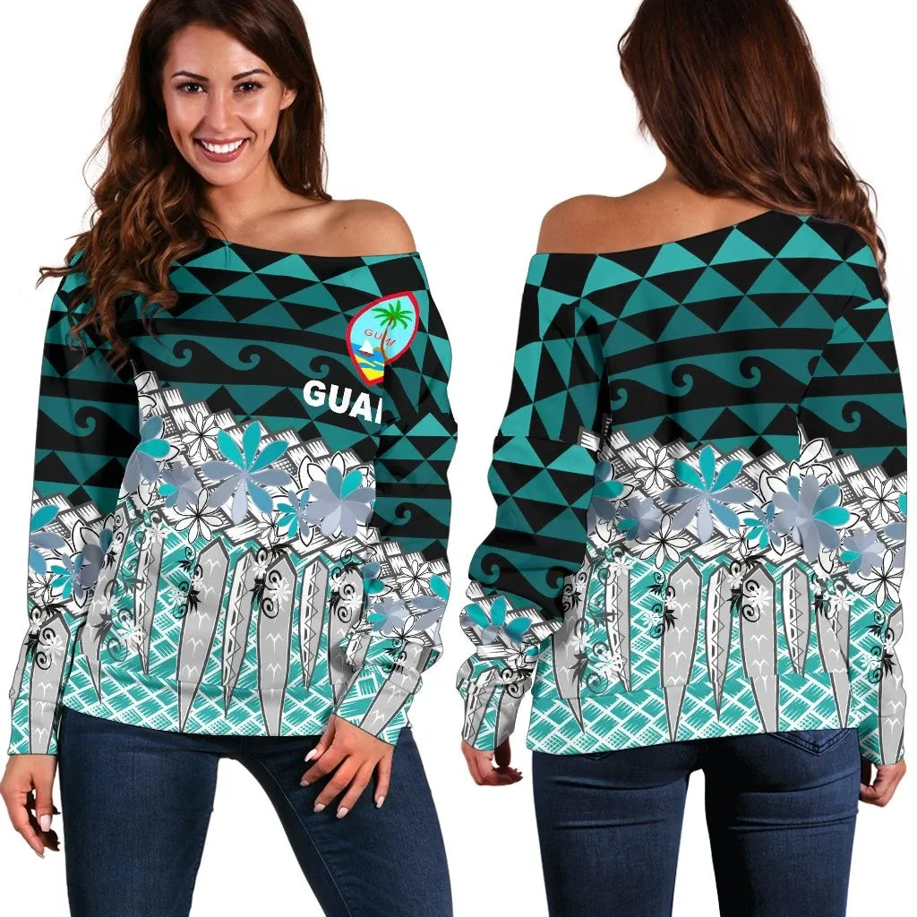 Guam Women Off Shoulder Sweaters - Coconut Leaves Weave Pattern Blue