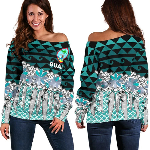 Guam Women Off Shoulder Sweaters - Coconut Leaves Weave Pattern Blue