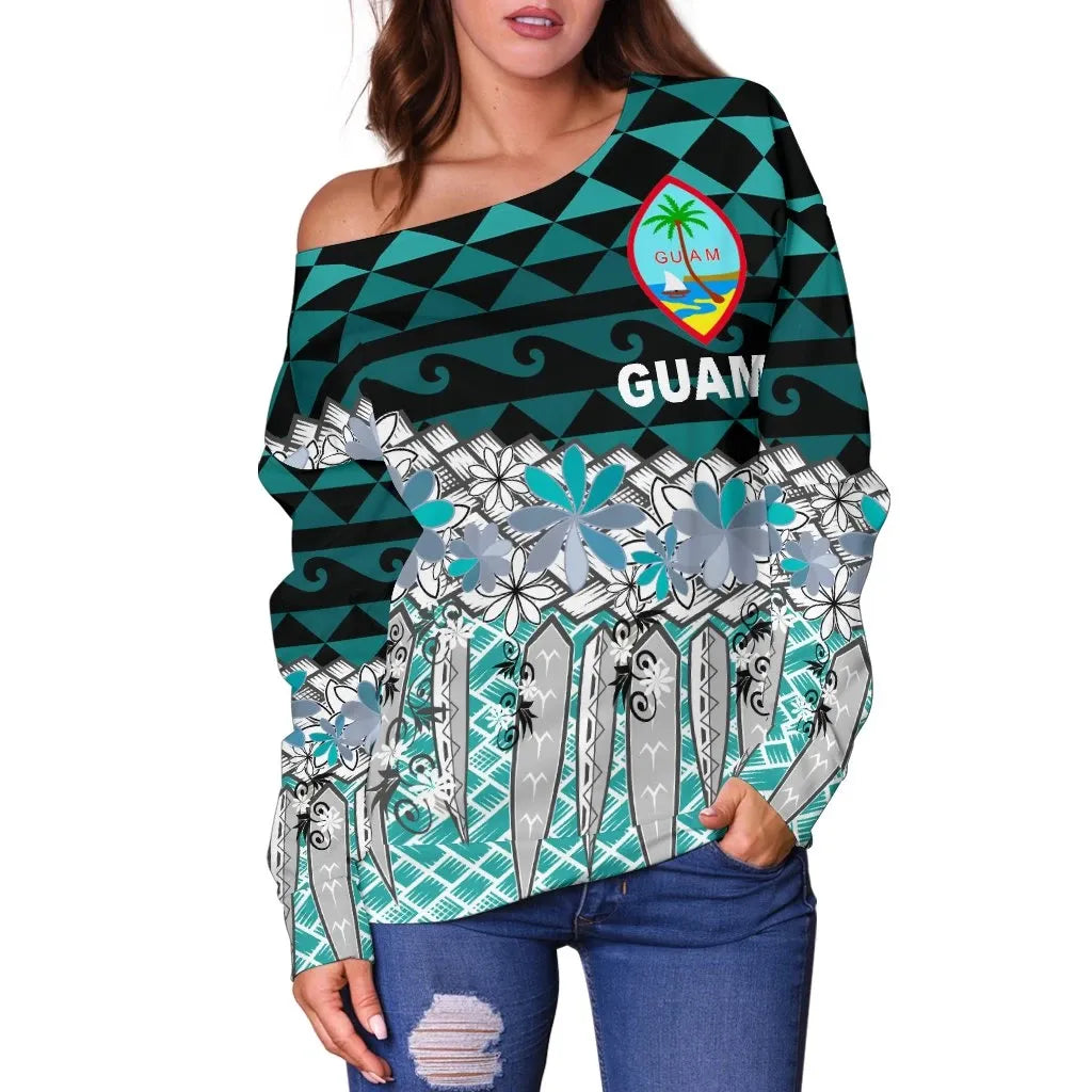 Guam Women Off Shoulder Sweaters - Coconut Leaves Weave Pattern Blue