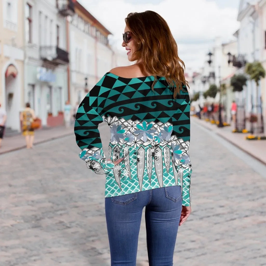 Guam Women Off Shoulder Sweaters - Coconut Leaves Weave Pattern Blue