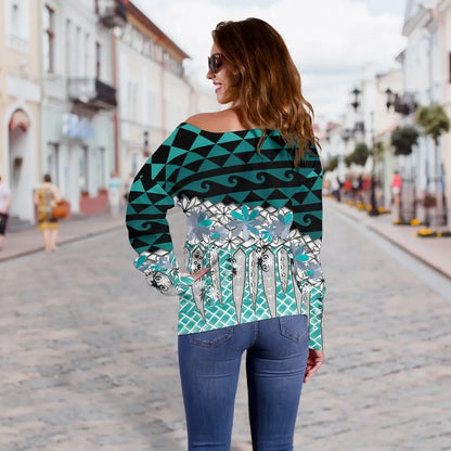 Guam Women Off Shoulder Sweaters - Coconut Leaves Weave Pattern Blue