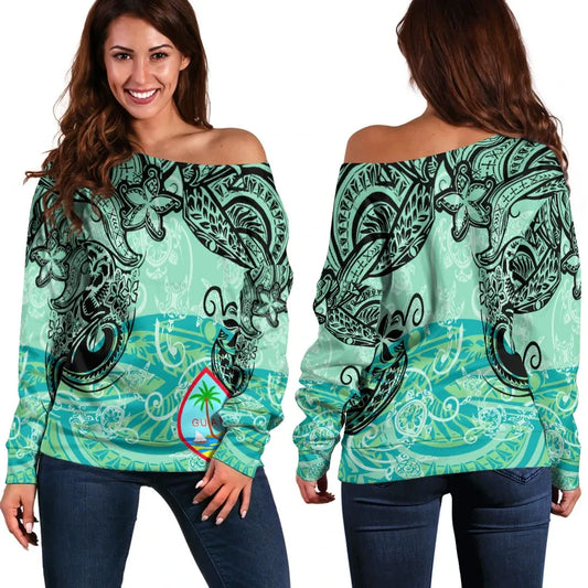 Guam Women Off Shoulder Sweaters - Vintage Floral Pattern Green Color