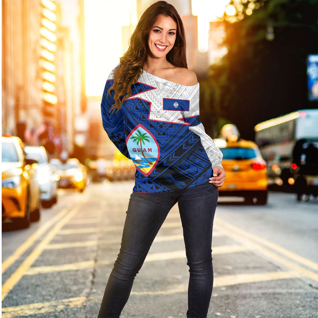 Guam Off Shoulder Sweatshirt Polynesian Tattoo Flag And Coat Of Arms
