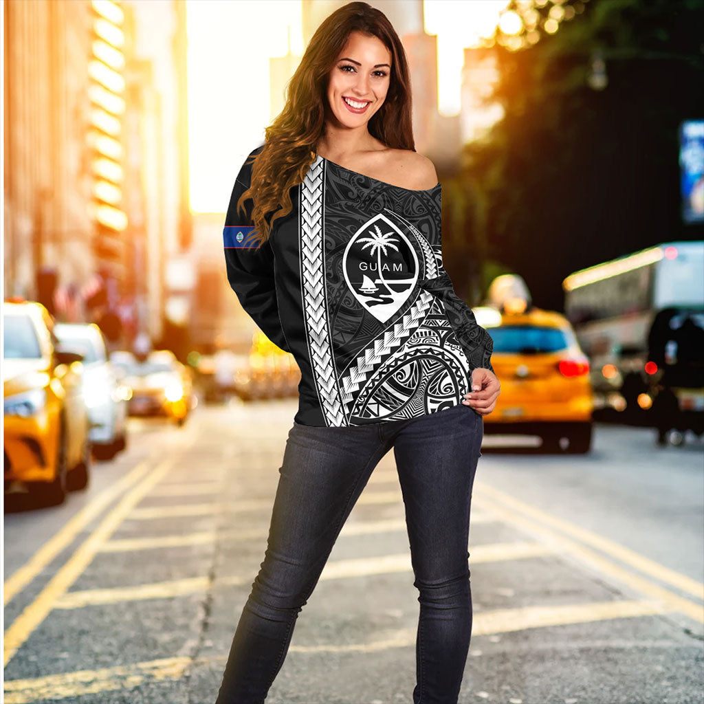 Guam Off Shoulder Sweatshirt Tribal Micronesian Coat Of Arms Gray