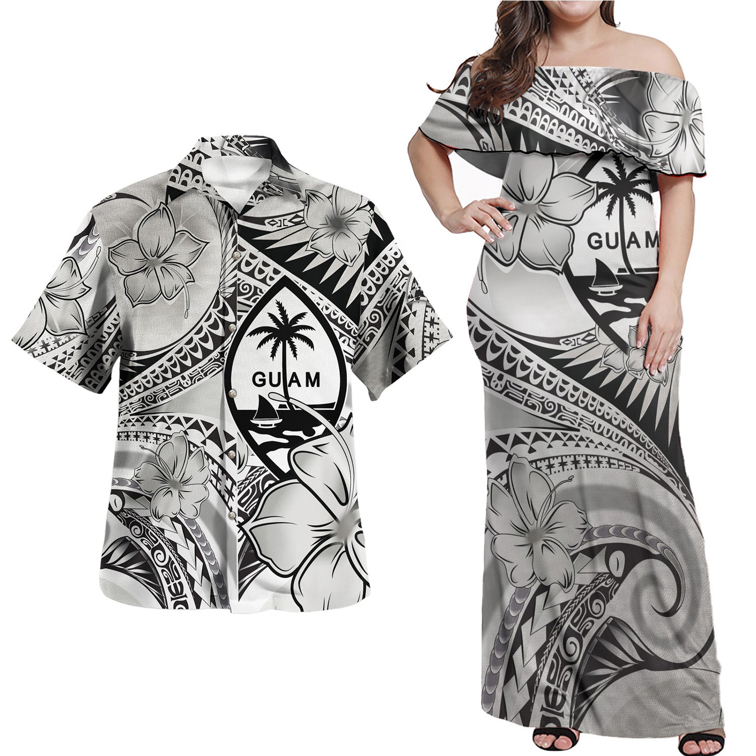 Guam Combo Off Shoulder Long Dress And Shirt Polynesian Tribal Waves Patterns Hibiscus Flowers
