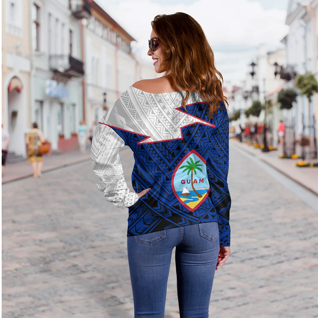 Guam Off Shoulder Sweatshirt Polynesian Tattoo Flag And Coat Of Arms