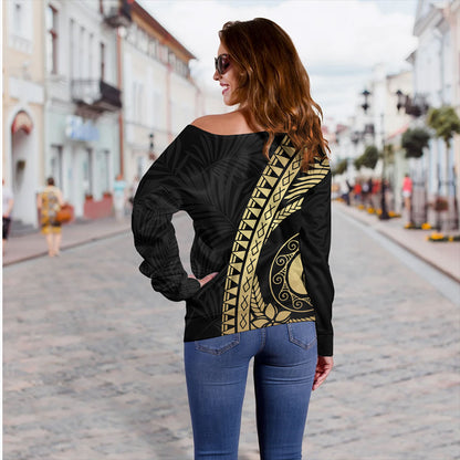 Guam Off Shoulder Sweatshirt Tribal Pattern Golden