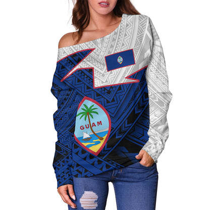Guam Off Shoulder Sweatshirt Polynesian Tattoo Flag And Coat Of Arms