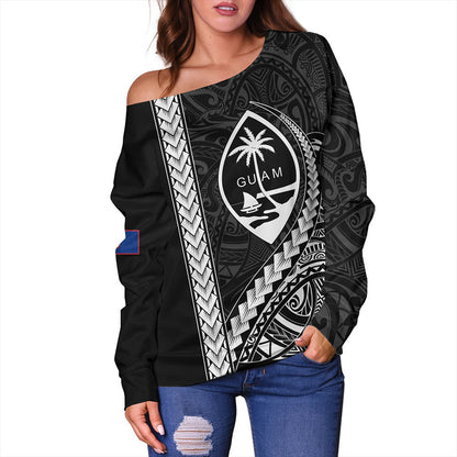Guam Off Shoulder Sweatshirt Tribal Micronesian Coat Of Arms Gray