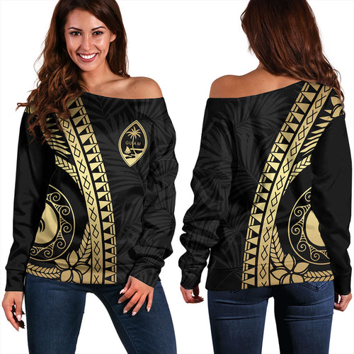 Guam Off Shoulder Sweatshirt Tribal Pattern Golden