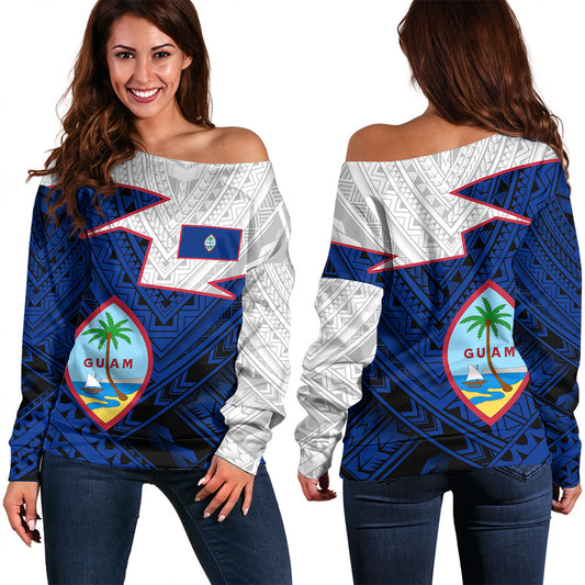 Guam Off Shoulder Sweatshirt Polynesian Tattoo Flag And Coat Of Arms