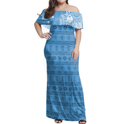 Guam Woman Off Shoulder Long Dress Micronesian Flag With Coat Of Arms