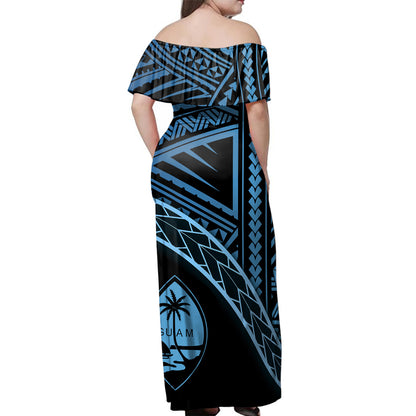 Guam Woman Off Shoulder Long Dress Polynesian Tribal Coat Of Arms
