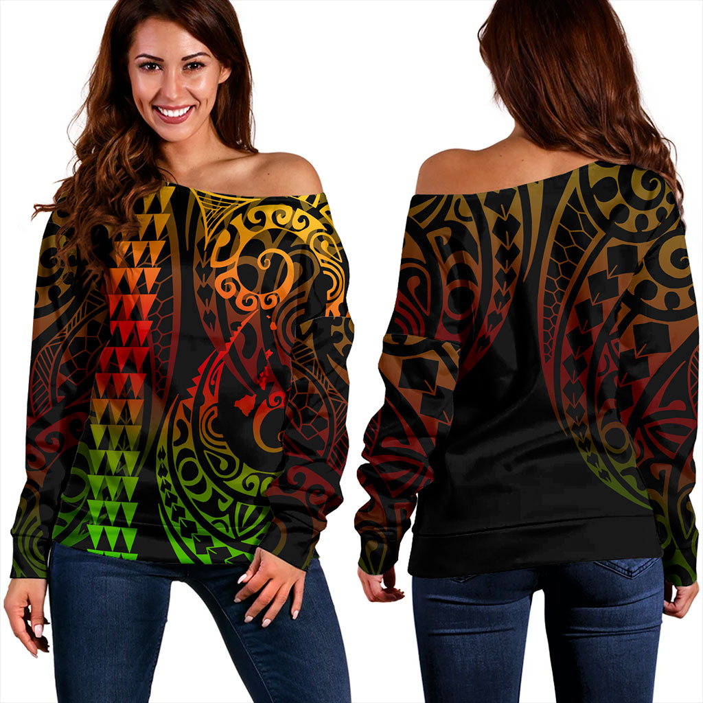 Hawaii Off Shoulder Sweatshirt Map Kakau Style