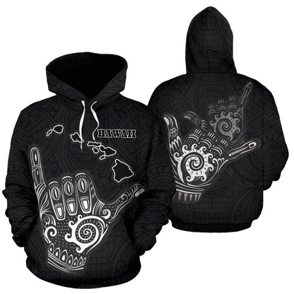 Hawaii All Over Hoodie - Polynesian Shaka Hawaii Map Black