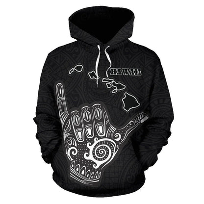 Hawaii All Over Hoodie - Polynesian Shaka Hawaii Map Black
