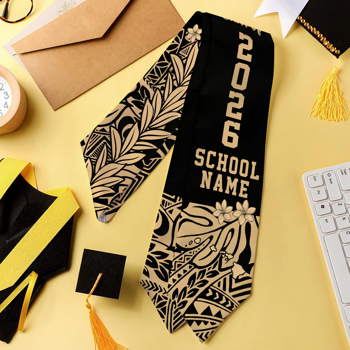 Hawaii Graduation Stole Aloha Map Tribal Fabric